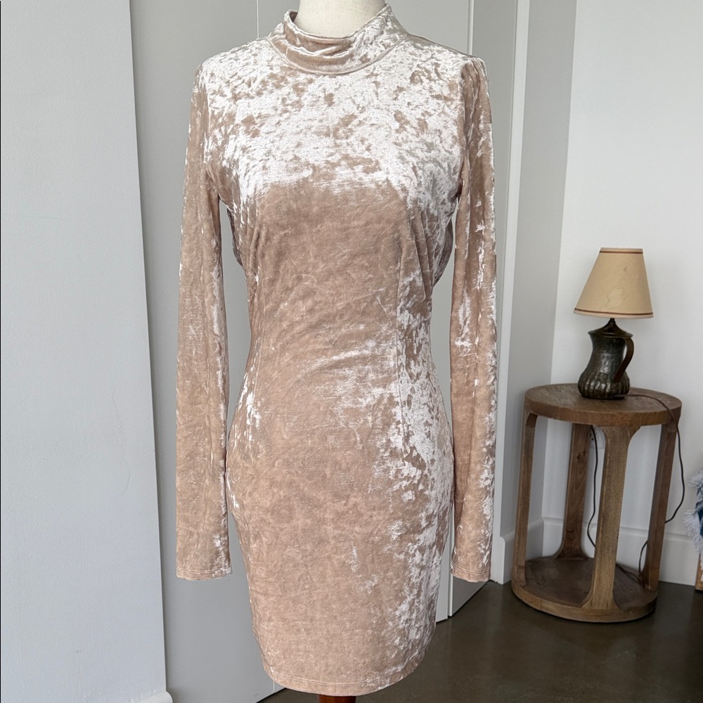 Lulu's Crushed Velvet Long-Sleeve Turtleneck Dress in Light Taupe